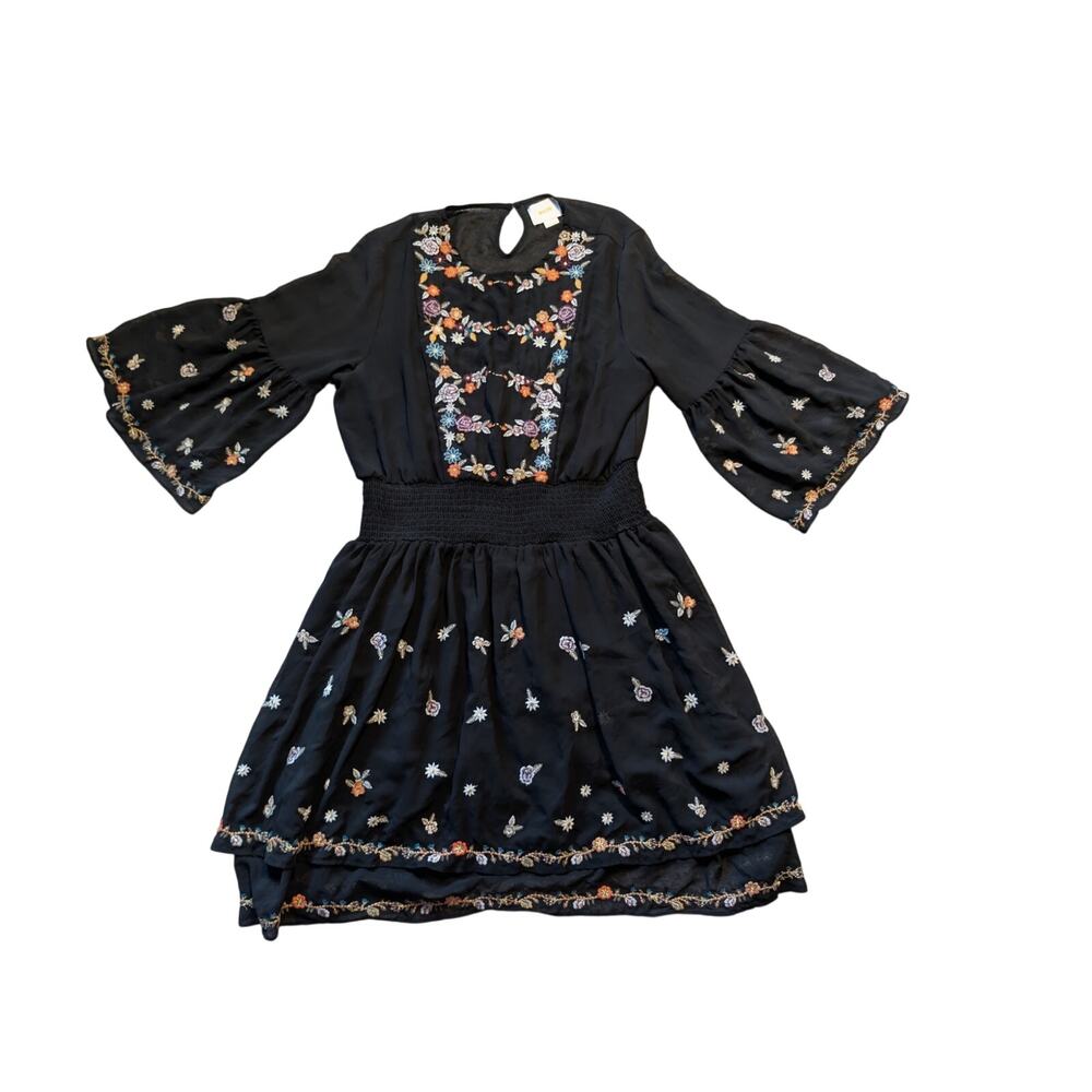 Maeve Women's Boho Embroidered Mini Dress Bell Sleeve Smocked Black 14